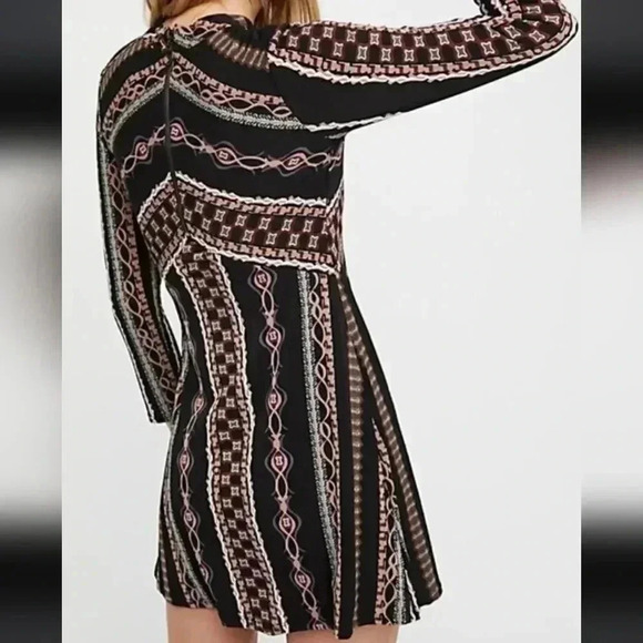 Free People Stella Black Patterned Mock Neck Long Sleeve Mini Dress XS - Picture 7 of 10